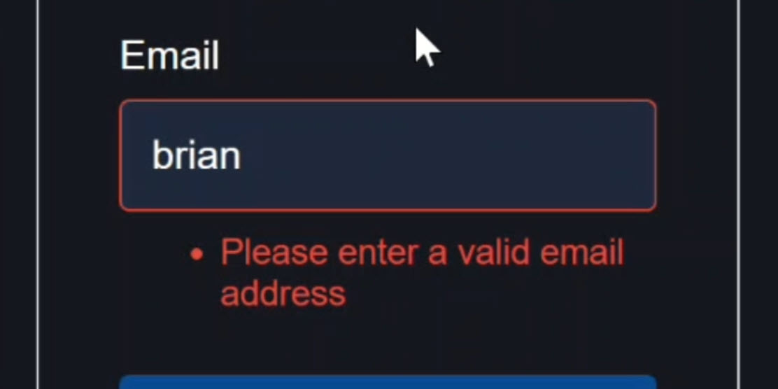 Angular signup form with Signal Forms API showing the email field entered with an invalid email address and displaying an invalid email format validation error message, demonstrating client-side validation