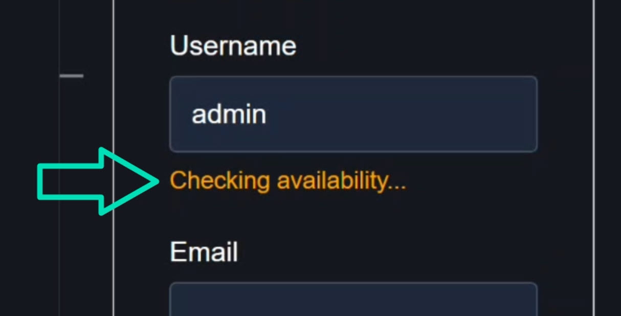 Angular signup form with Signal Forms API showing the username field entered with a username that is already taken and displaying a pending message while the async validation is running, demonstrating the need for async validation to check username availability in real-time
