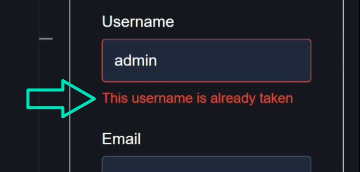 Angular signup form with Signal Forms API showing the username field entered with a username that is already taken and displaying an error message letting us know this username already exists, demonstrating the need for async validation to check username availability in real-time