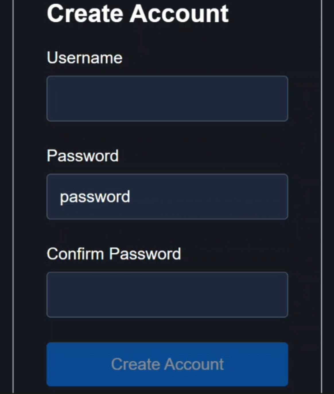 Angular signup form with username, password, and confirm password fields
