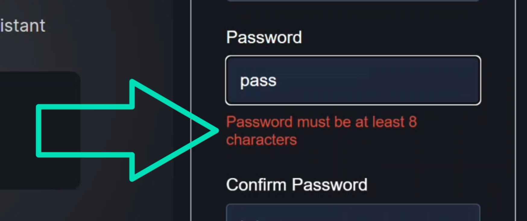 Angular signup form showing password field with minimum length validation error message