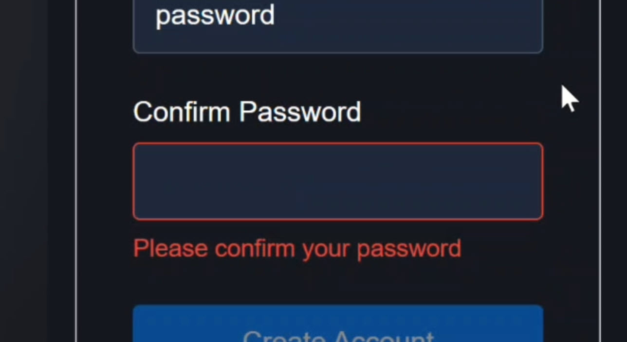 Angular signup form showing confirm password field with required validation error message