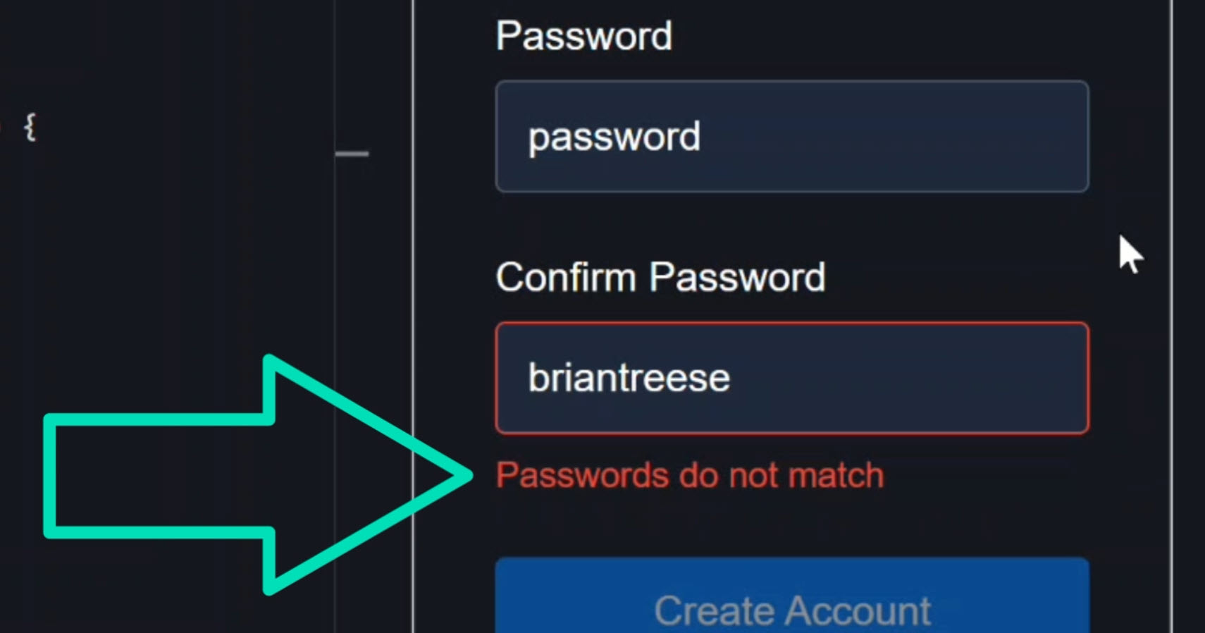 Angular signup form showing confirm password field with password mismatch validation error message
