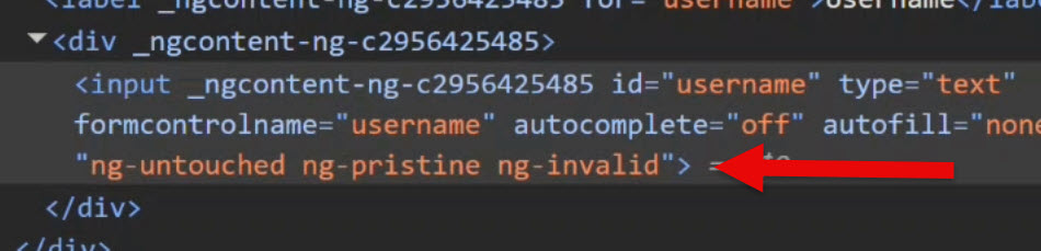 Inspecting the form built with reactive forms to see the ng-touched, ng-dirty, ng-pending, and ng-valid classes applied automatically