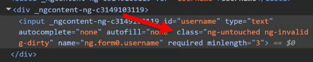 Inspecting the form built with Signal Forms after adding provideSignalFormsConfig to see the ng-touched, ng-dirty, ng-pending, and ng-valid classes applied automatically again