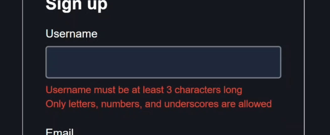 The signup form with the username field blurred showing the validation error
