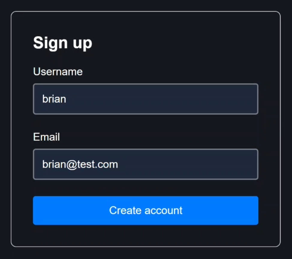 The signup form with the username and email fields entered with valid values showing the validation errors disappearing