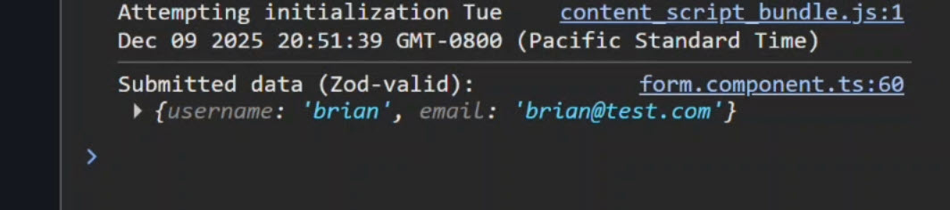 The signup form with the username and email fields entered with valid values showing the form submitting successfully