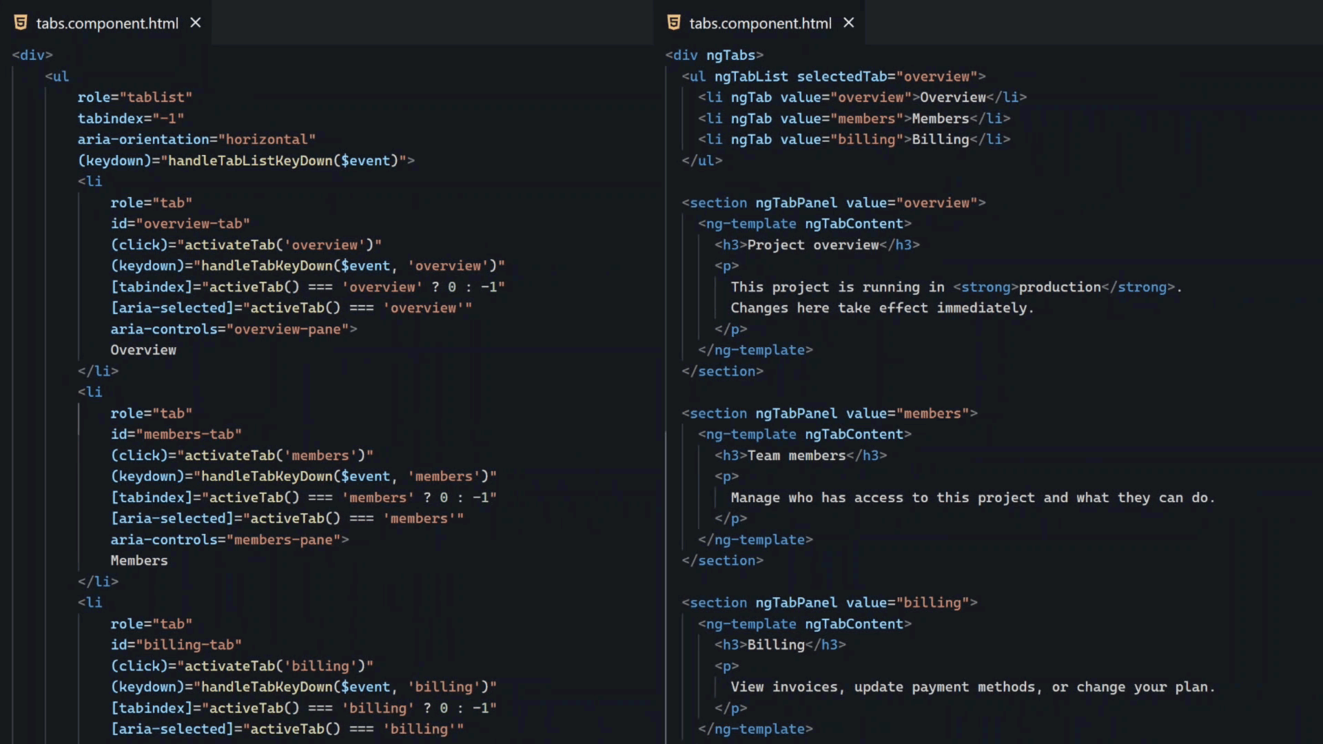 The accessible tabs example before and after switching to Angular ARIA