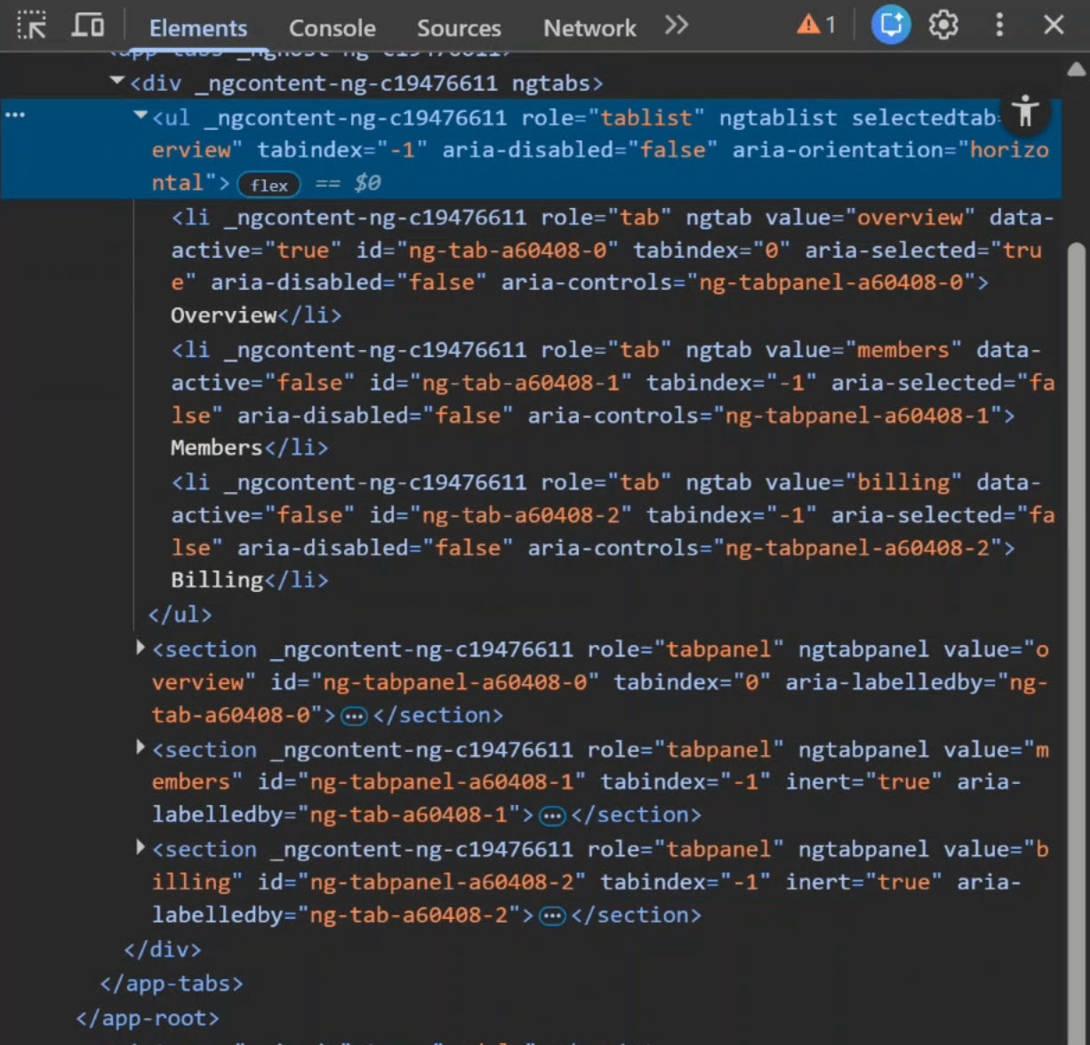 The accessible tabs example with DevTools inspection
