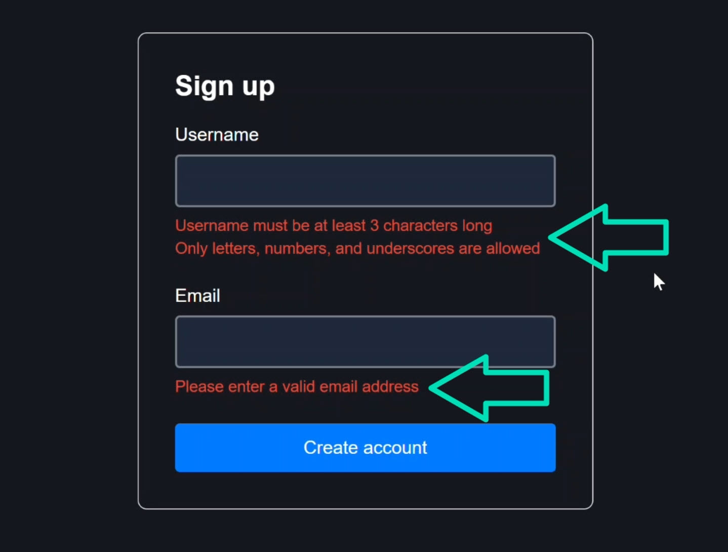The signup form with the username and email fields blurred showing the validation errors