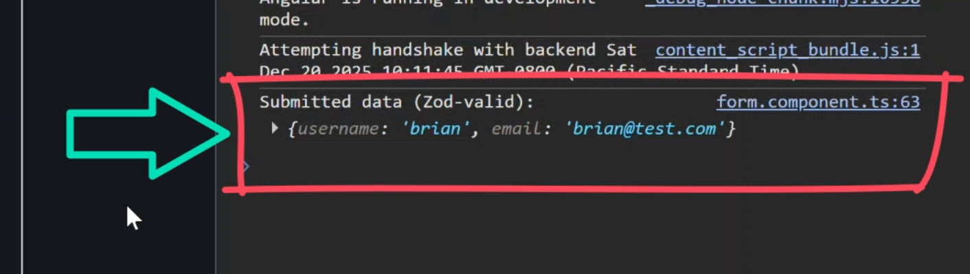 The console log showing the form data being submitted
