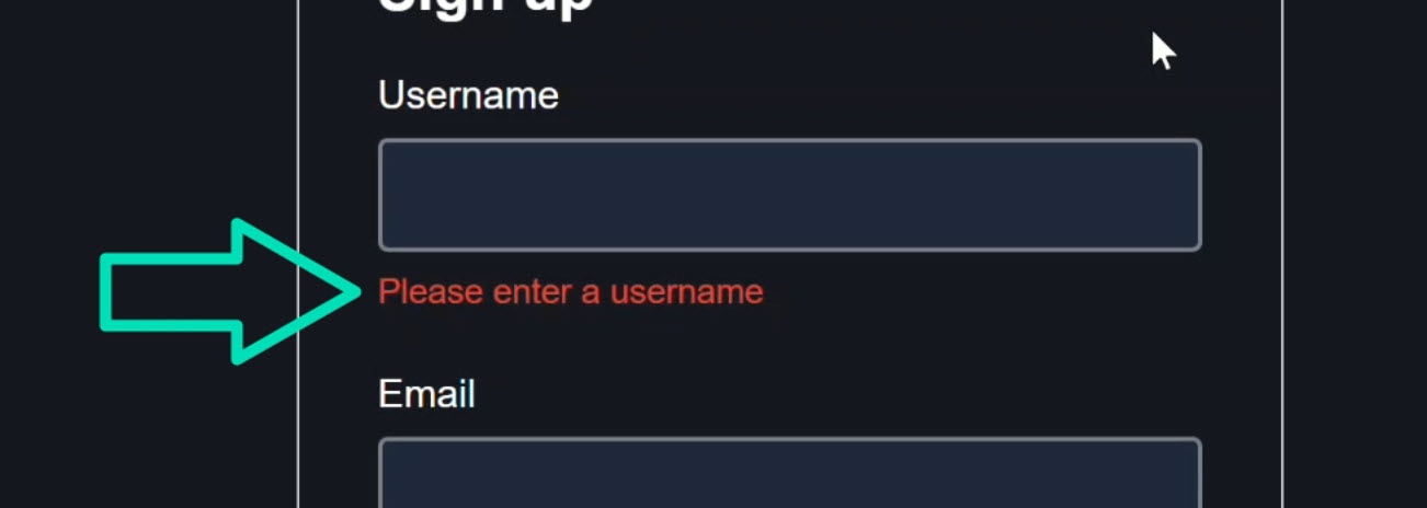 The signup form showing validation error for username field