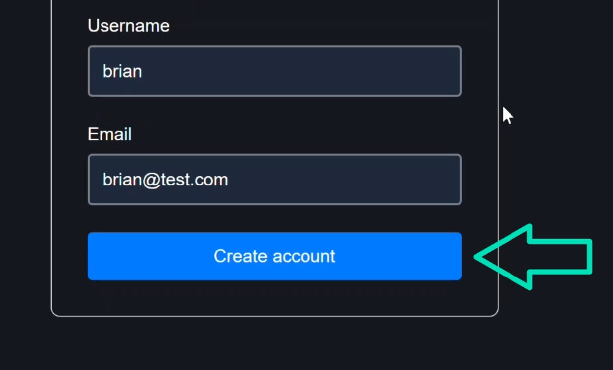 The signup form with valid username and email, submit button enabled