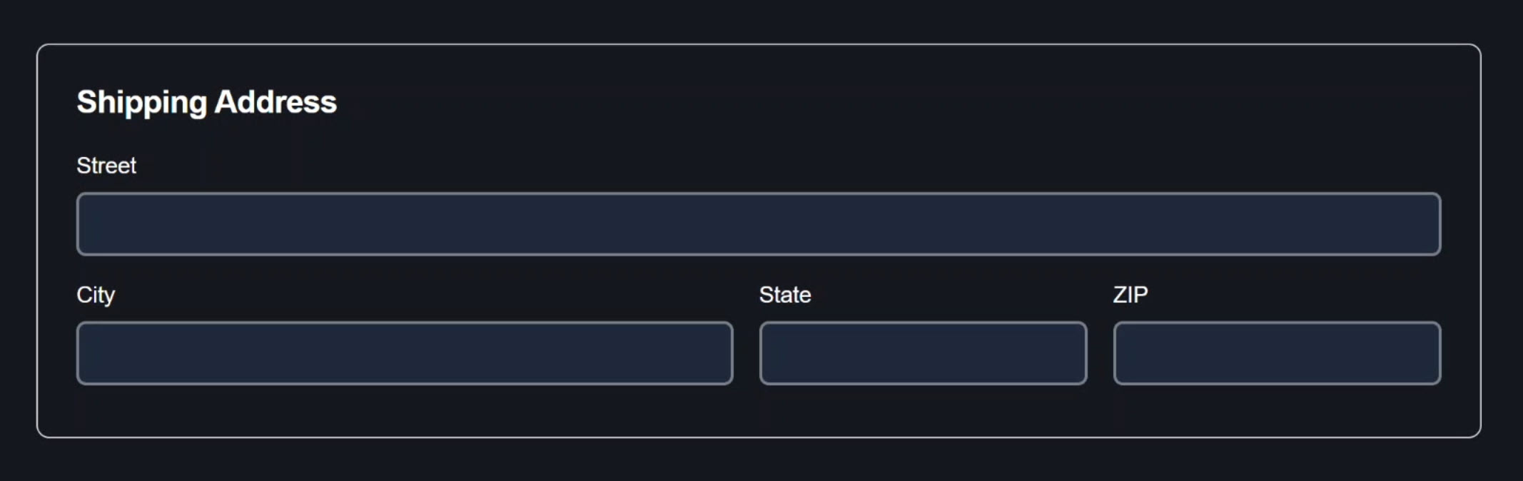 Shipping Address form section showing street, city, state, and zip code input fields with labels