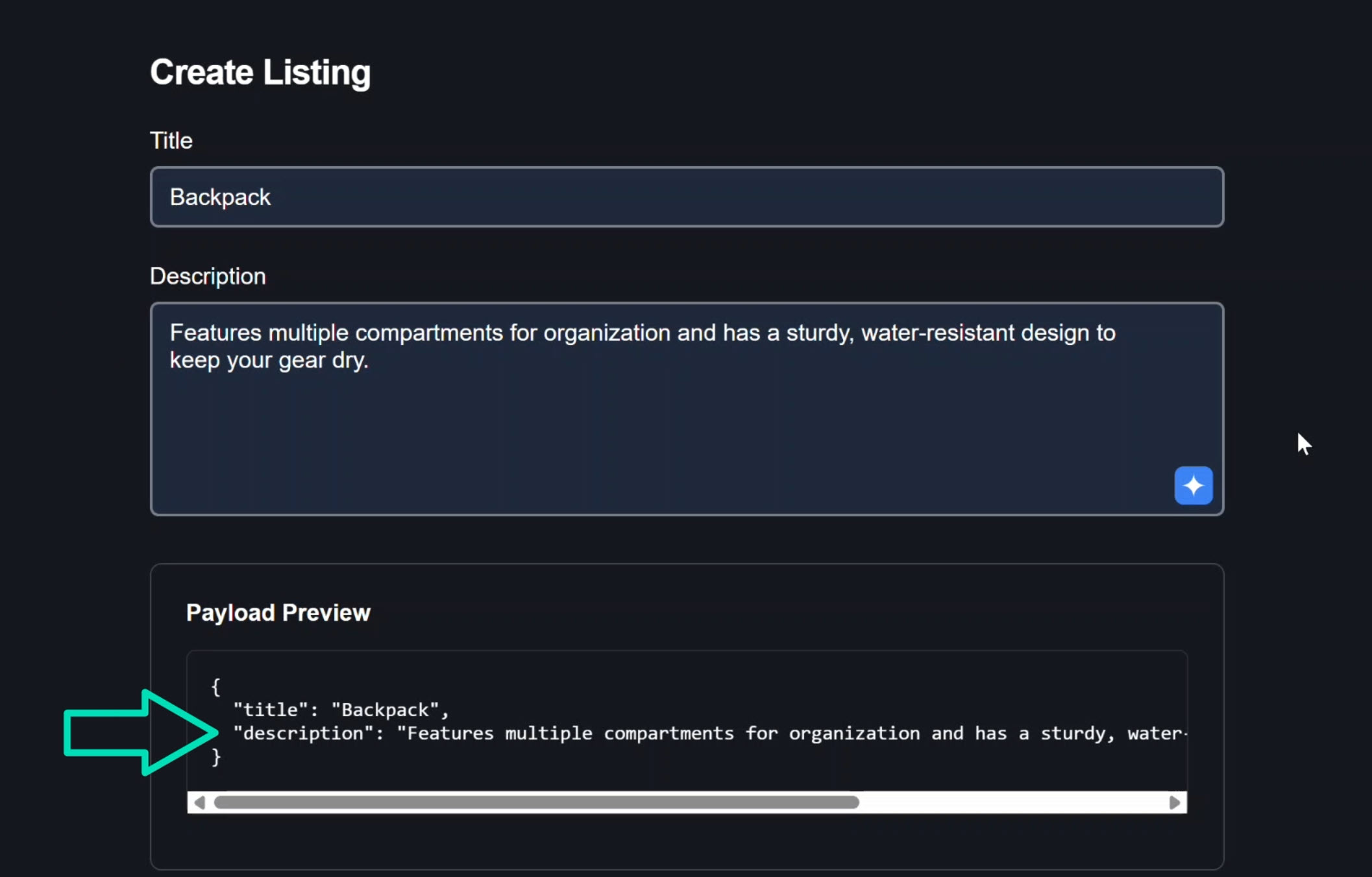 Product form after accepting the AI suggestion, showing the description textarea field populated with the AI-generated text