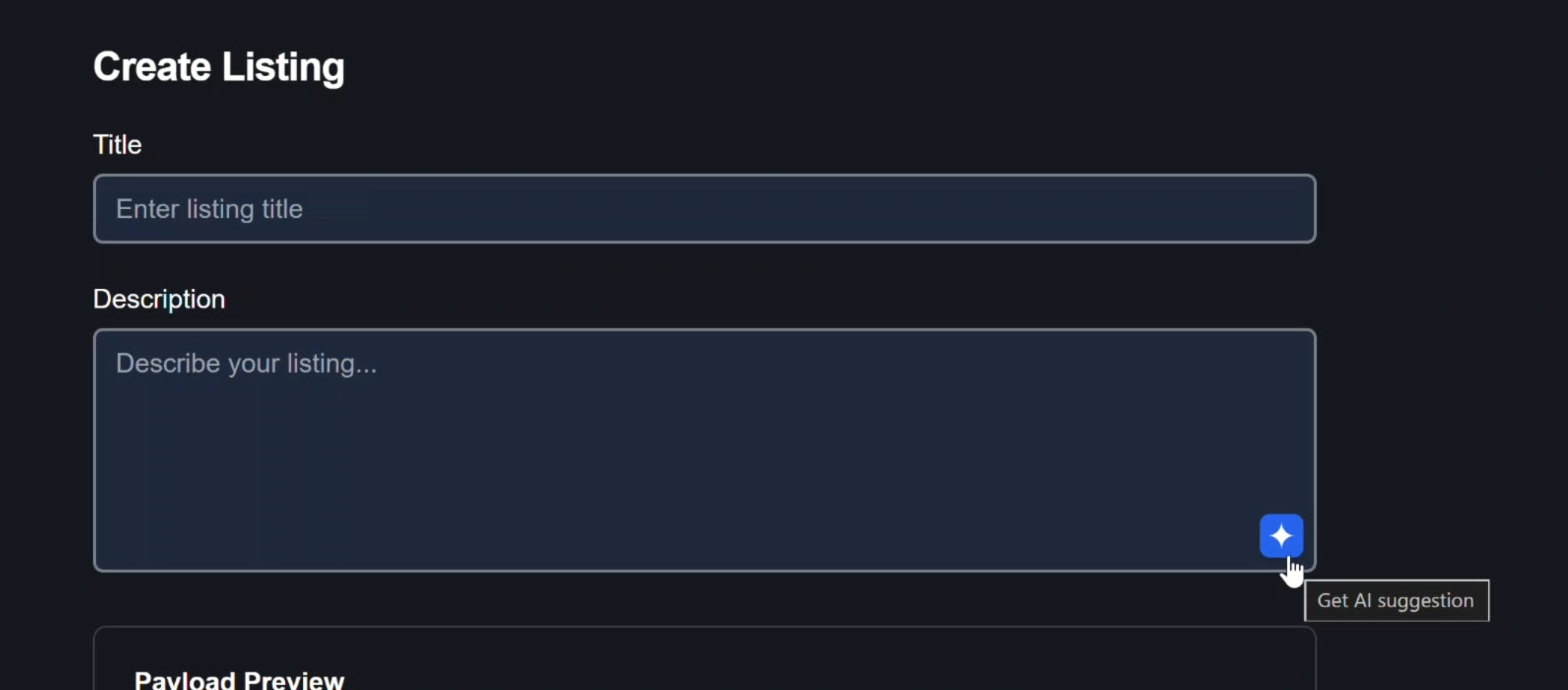 Product form with an AI suggestion button visible in the corner of the description textarea field