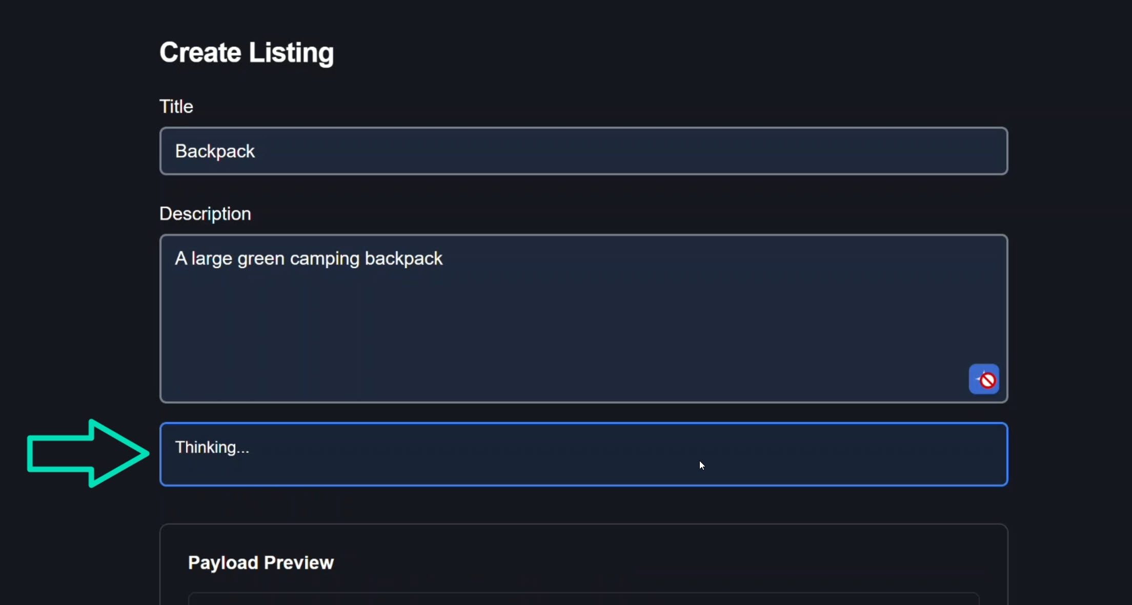 AI suggestion panel showing a loading state with 'Thinking...' message displayed below the description textarea