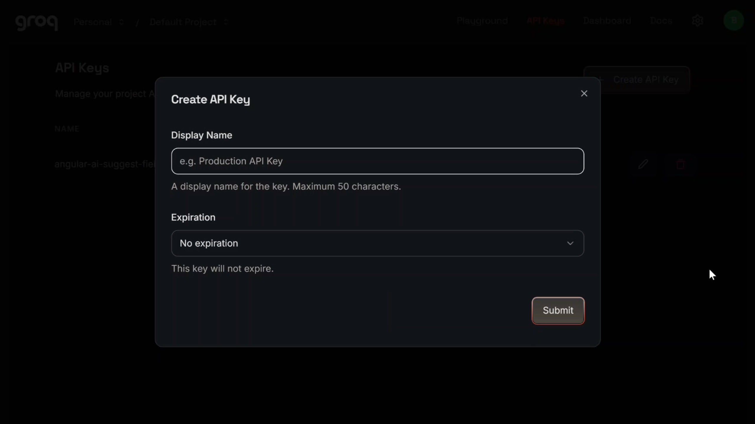 Groq API keys management page with a Create API Key button and form to generate a new API key