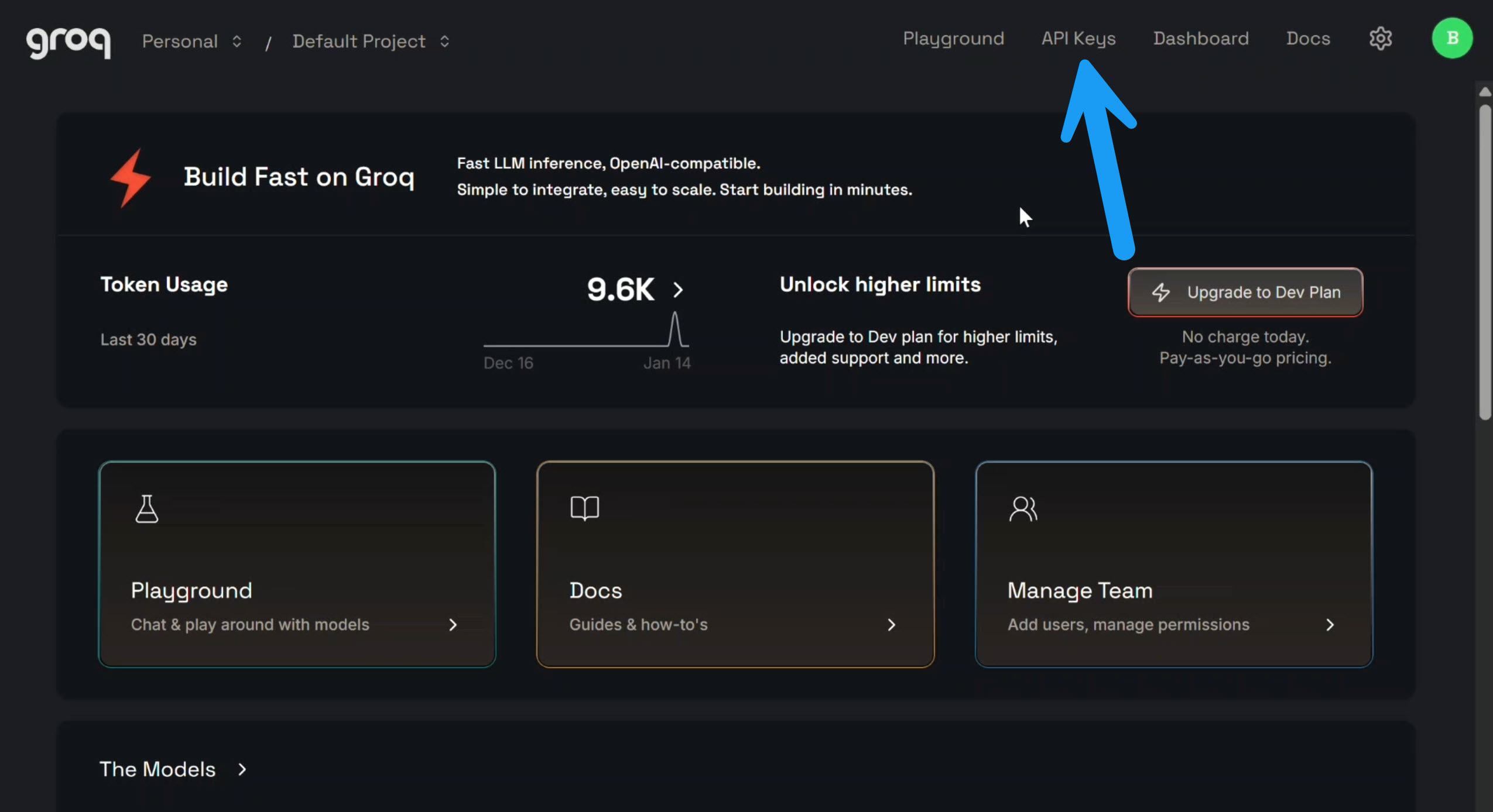 Groq console navigation menu showing the API Keys link in the top navigation bar