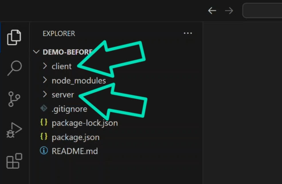 Project directory structure showing separate client and server folders for the Angular application architecture