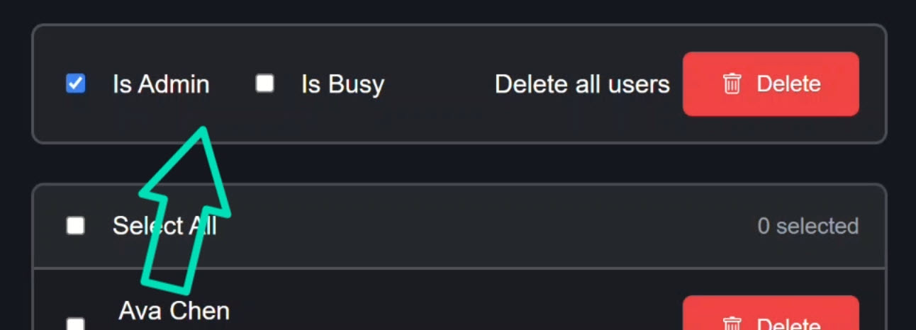 Checkboxes to mock whether we're an admin or to simulate when the app may be busy processing something