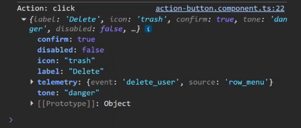 Configuration object for the delete user button