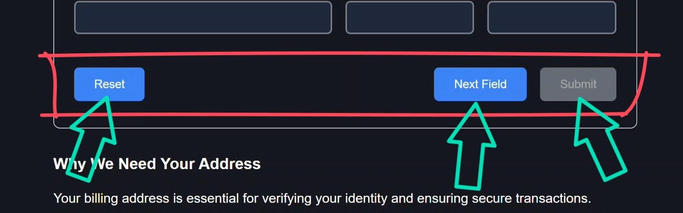 The address form with reset, next field, and submit buttons