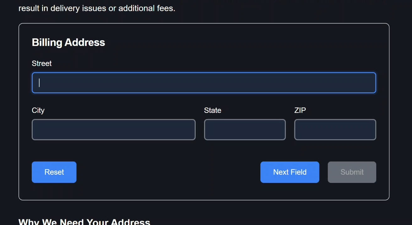 Form cleared and street field automatically focused after reset
