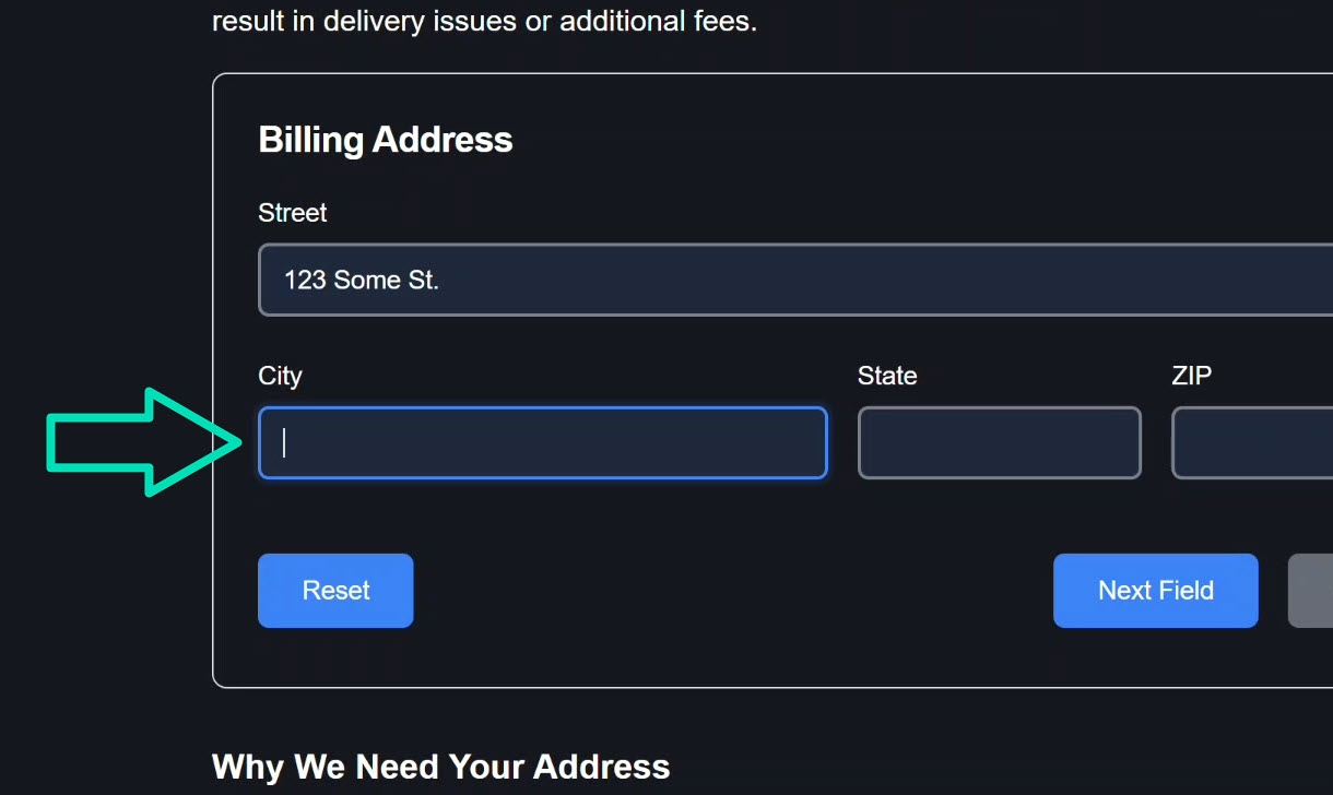 The address form with the next field button clicked and the city field focused