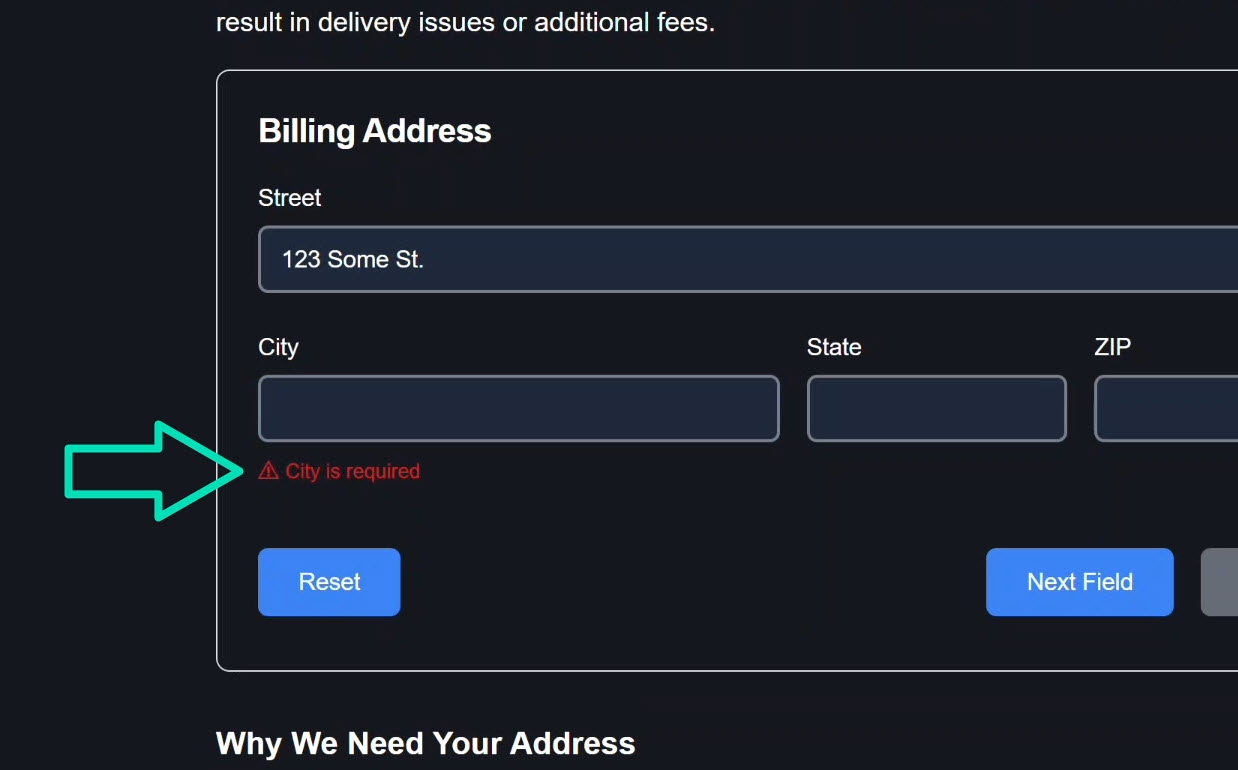 The address form with the street field blurred and a validation error appearing