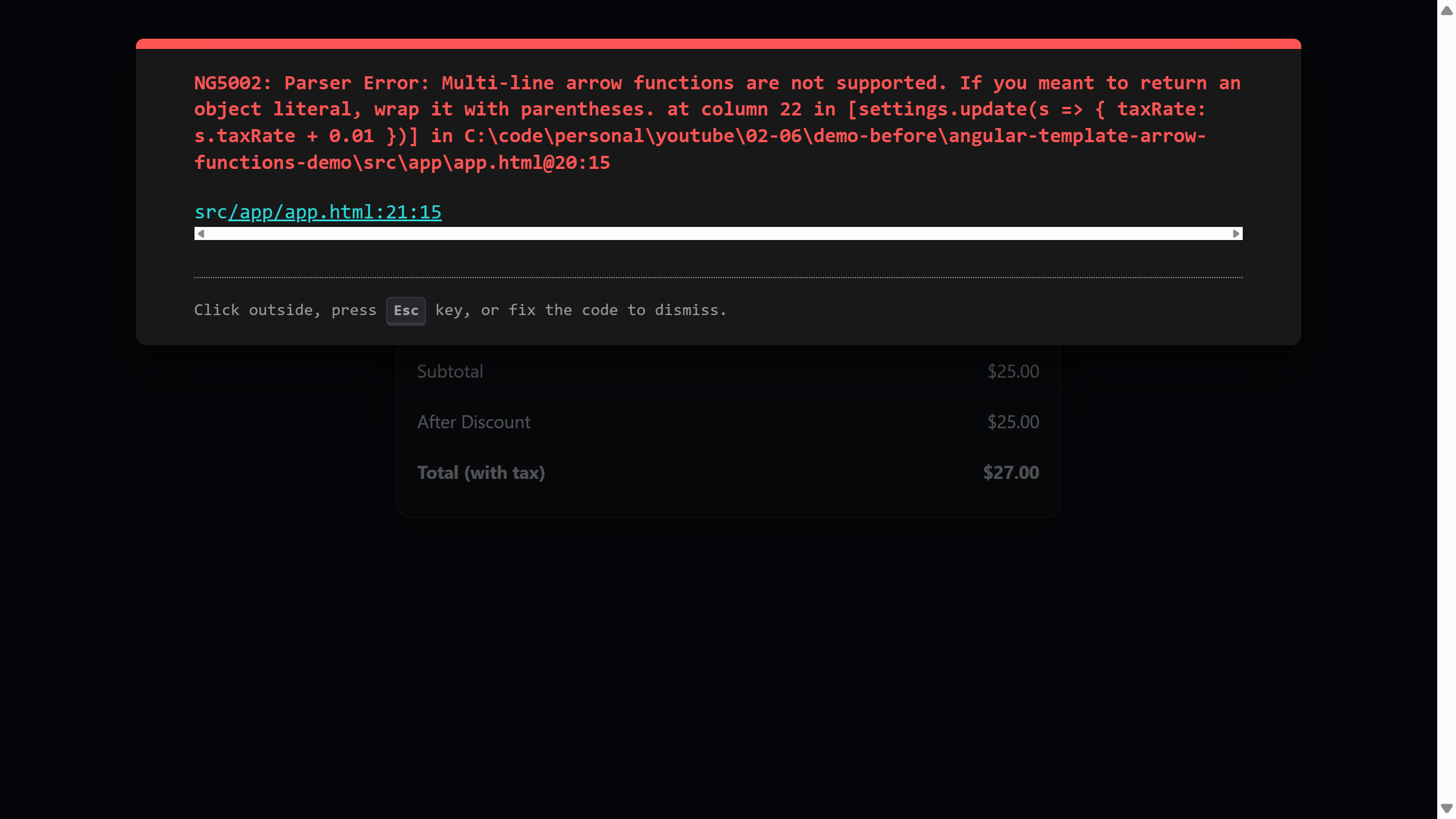 Screenshot of the error: Object literals must be wrapped in parentheses