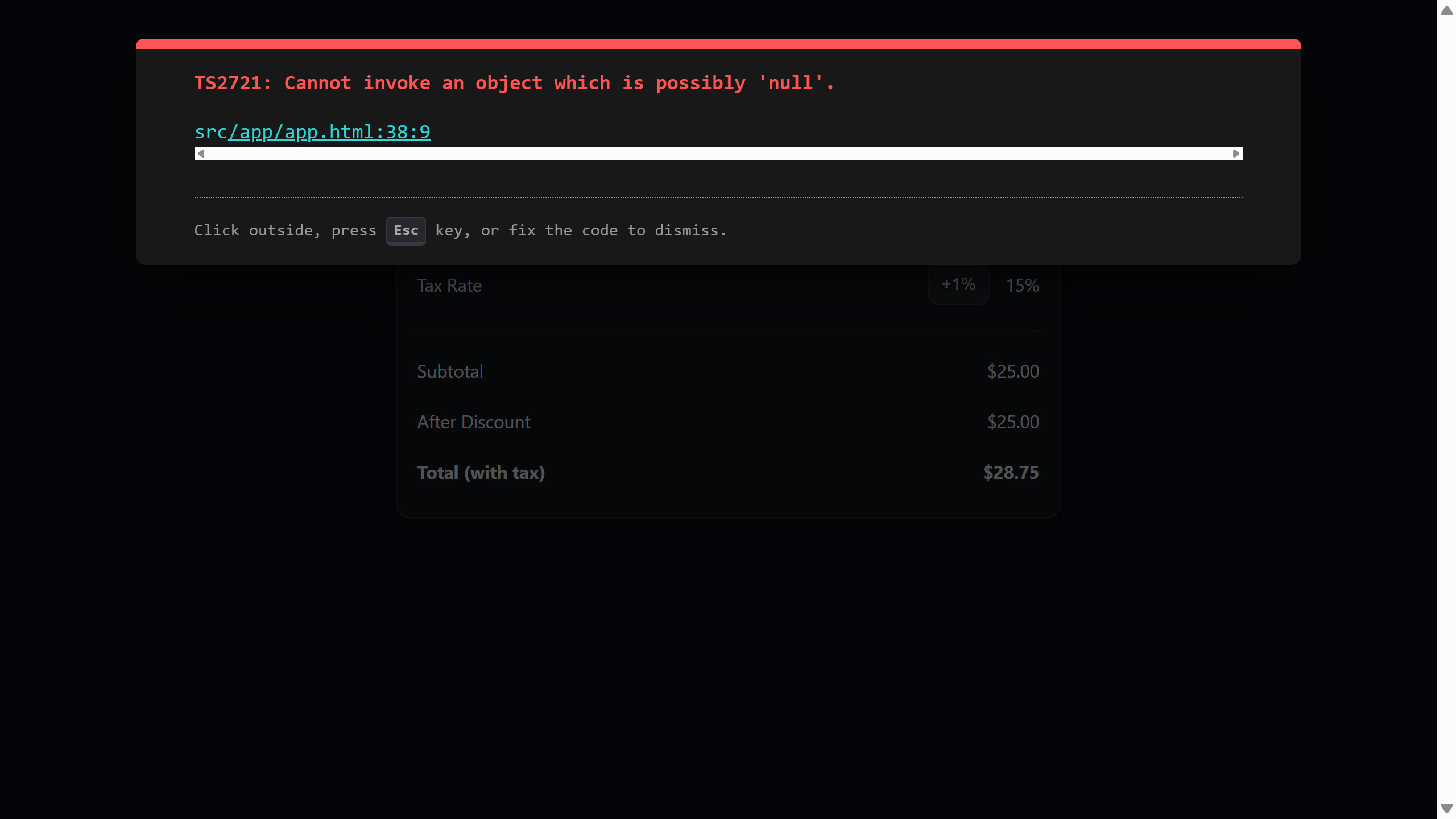 Screenshot of the error: Pipes are Angular template syntax, not JavaScript