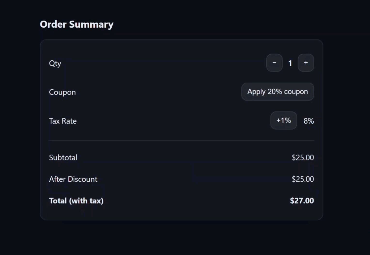 Animated demonstration of the order summary application working correctly after refactoring to use arrow functions directly in templates, showing quantity adjustments, discount toggling, and tax rate changes all updating the totals in real-time