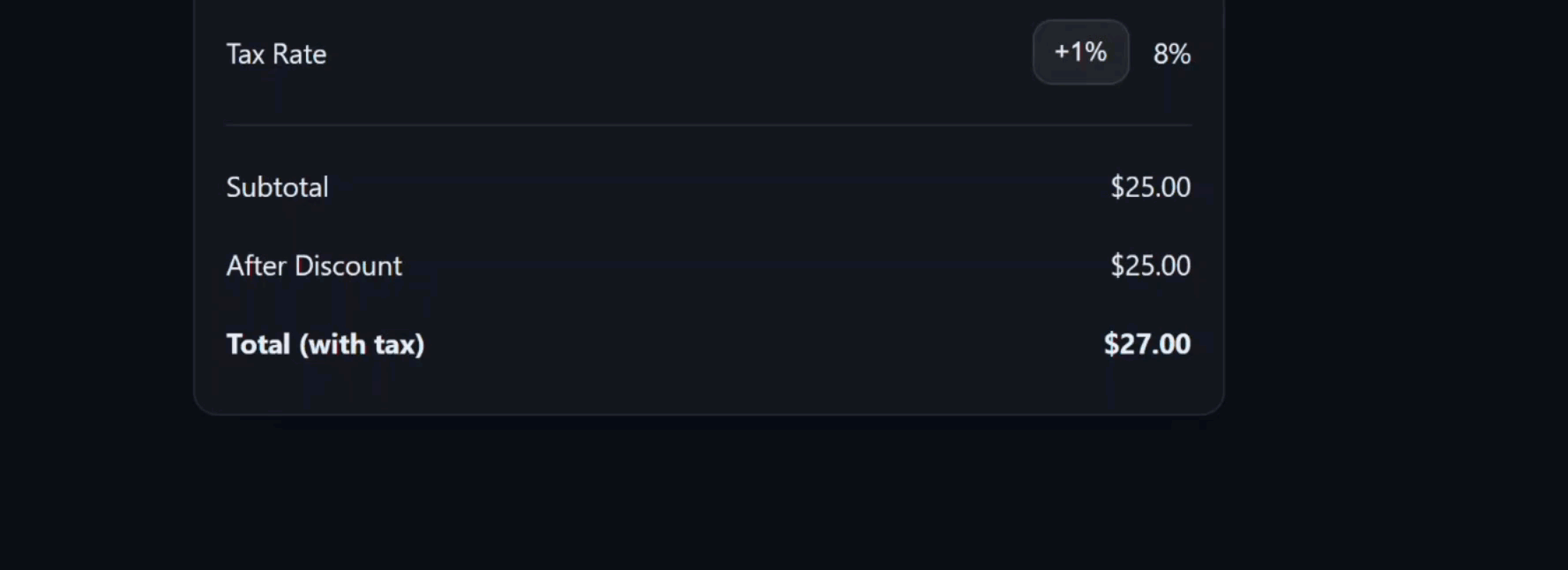 Screenshot highlighting the order summary totals section showing real-time updates: subtotal, discount amount, tax amount, and final total recalculating automatically after user interactions with quantity, discount, or tax controls