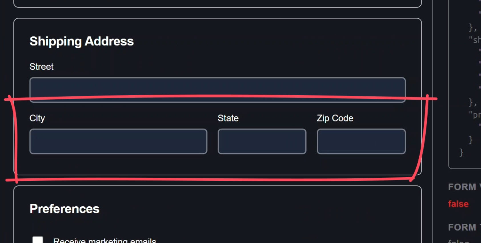 Profile form with the new city, state, and zip fields