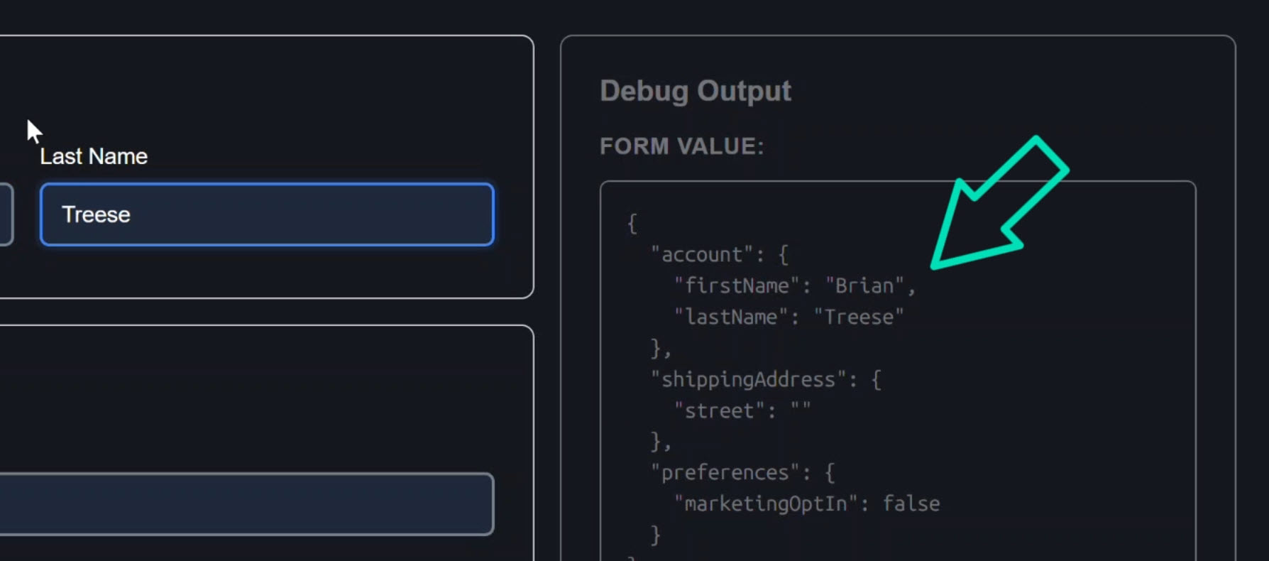 Profile form with data entered in account, shipping address, and preferences, and the submit button enabled