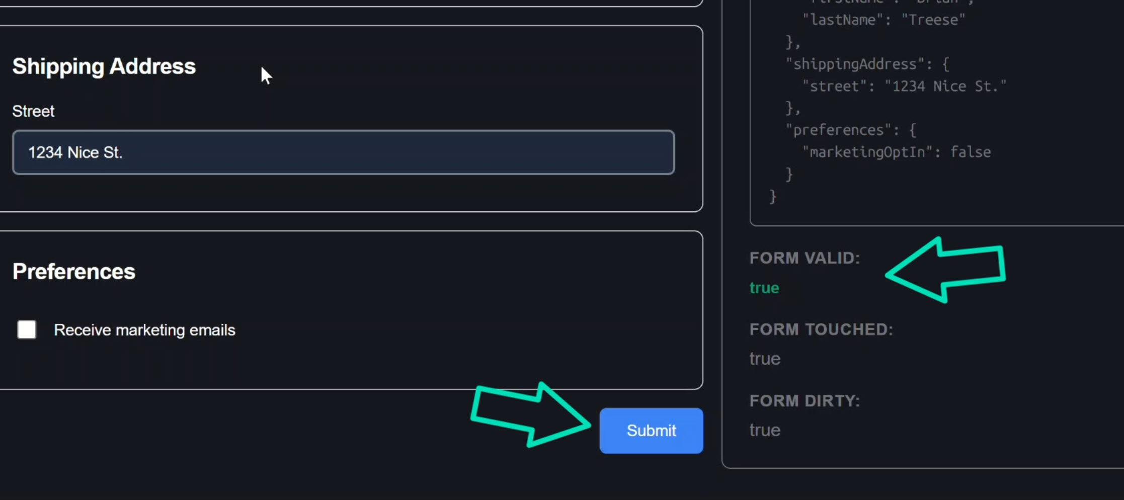 Profile form with all fields filled out and the form is valid so the submit button is enabled