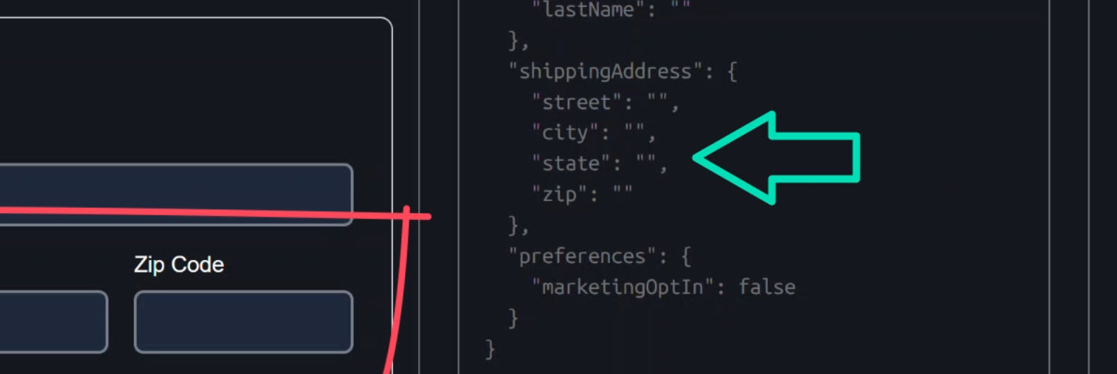The new city, state, and zip signal-backed fields in the form group object with the new properties