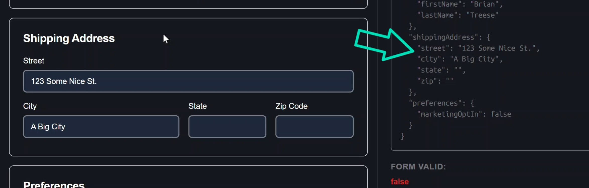 The new city, state, and zip signal-backed fields updating in real time within the reactive form group