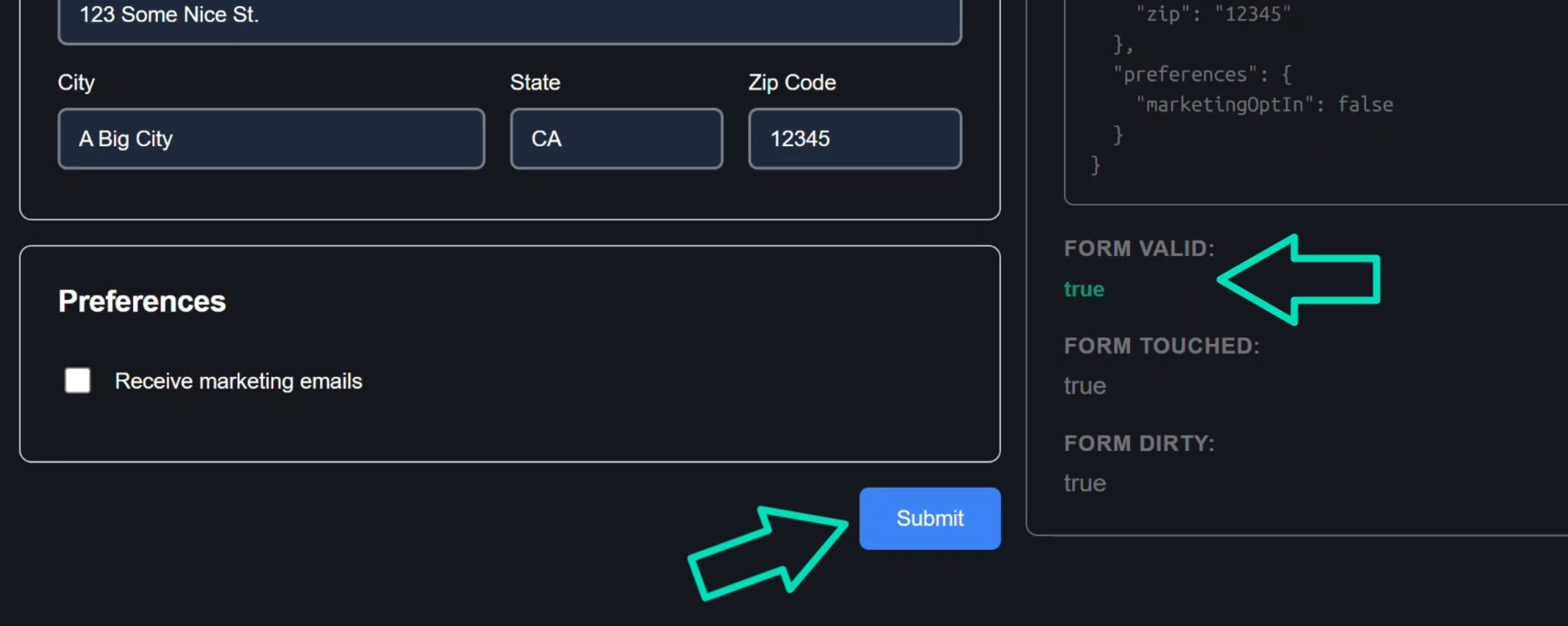 The new reactive form with signal-backed fields filled out and the form valid with submit button enabled
