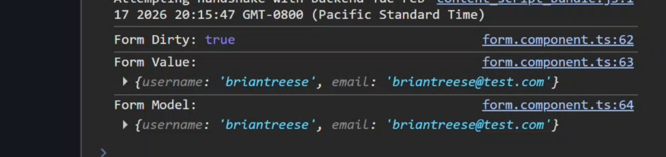 Console showing the same dirty status, form value, and model signal value after migrating to formRoot and submitting the form