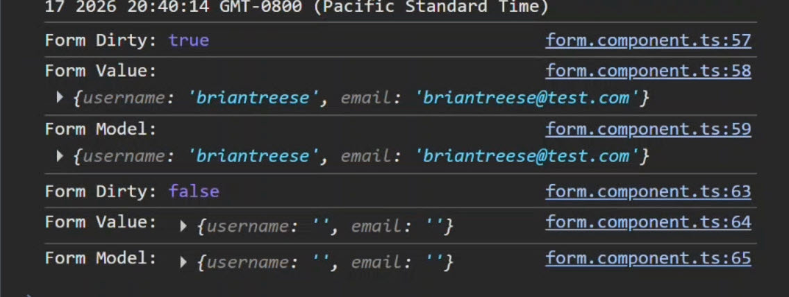 Signal Form fields cleared and console showing reset dirty status, empty form value, and empty model signal after submission