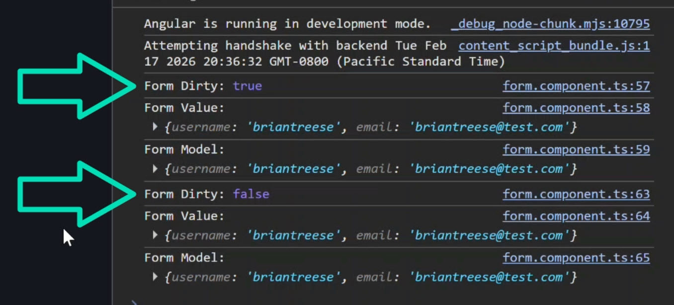 Console showing the dirty status changed from true to false after resetting the form