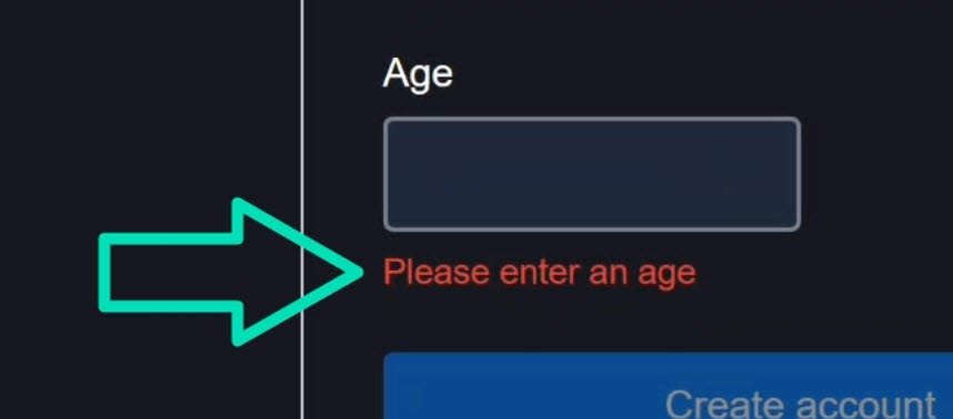 The signup form with age field blurred showing the required error message