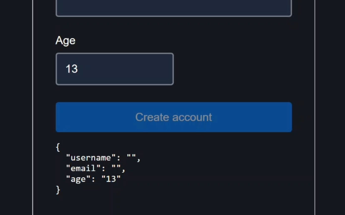 The signup form with age field entered with a value