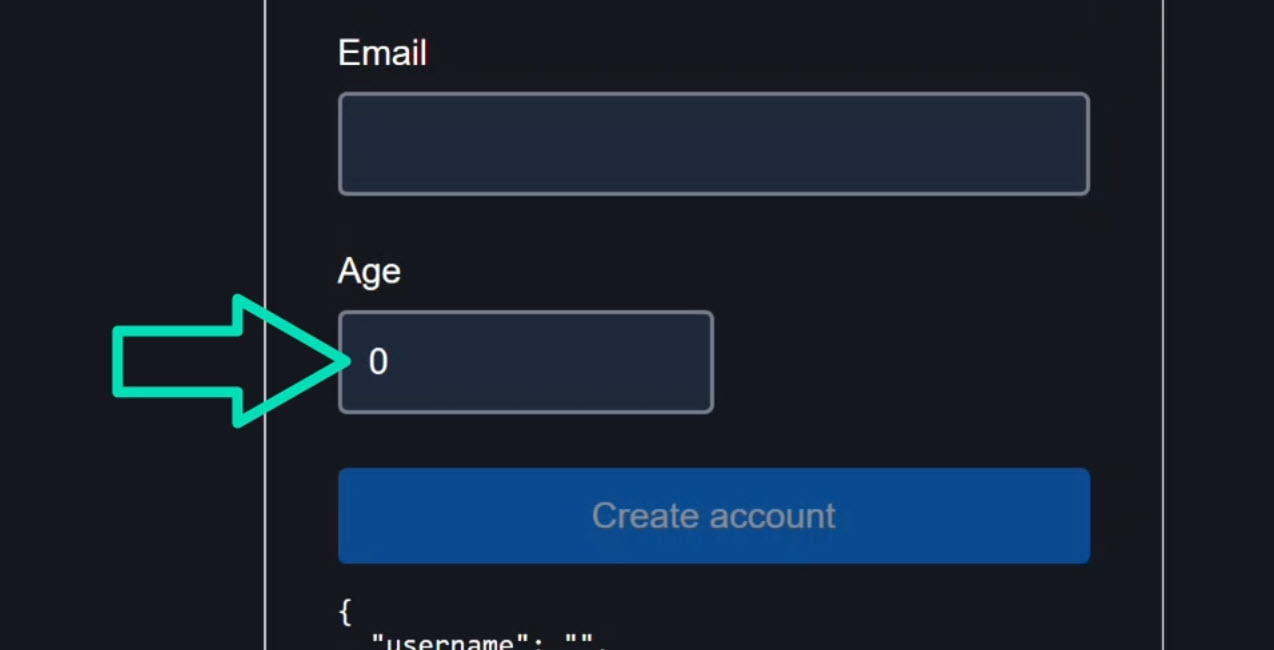 The signup form with age field pre-filled with 0