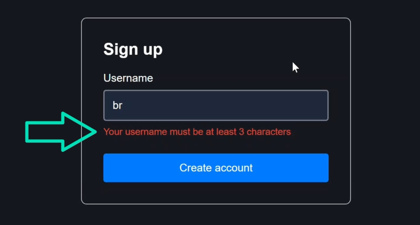 The signup form with username field and a minlength validation error