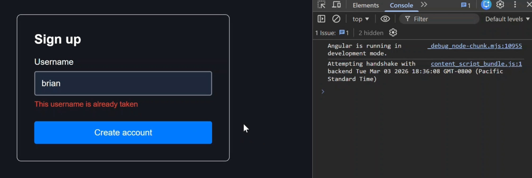 The signup form with username field not submitting with invalid fields