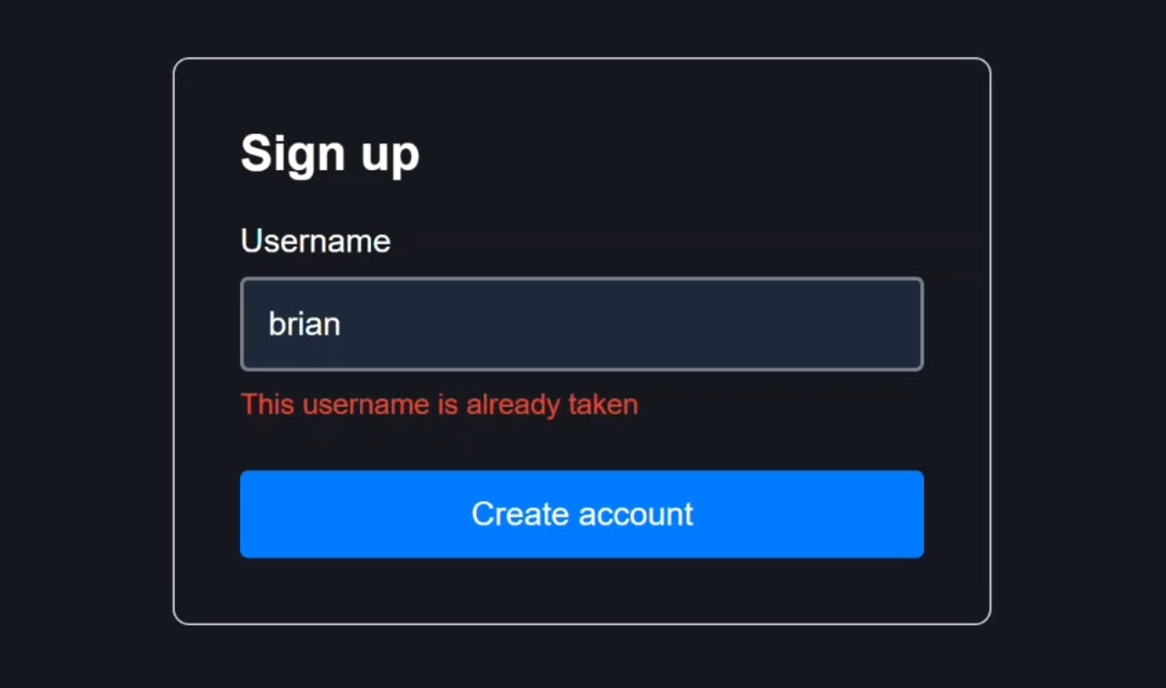The signup form with username field and a submission error
